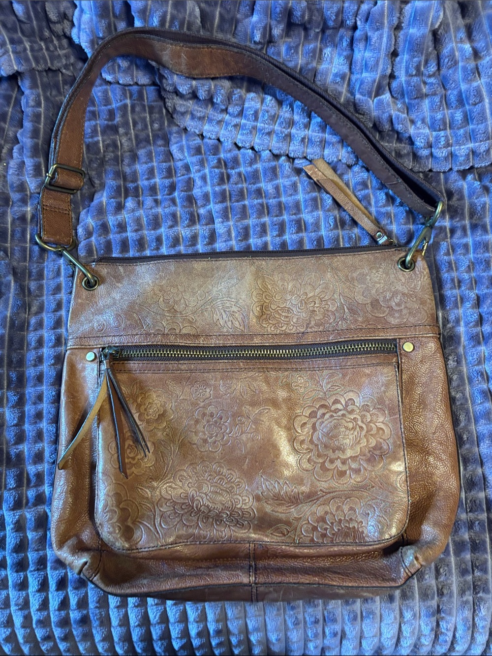 Fossil Bag. Brown Floral Embossed Leather Crossbody Bag.